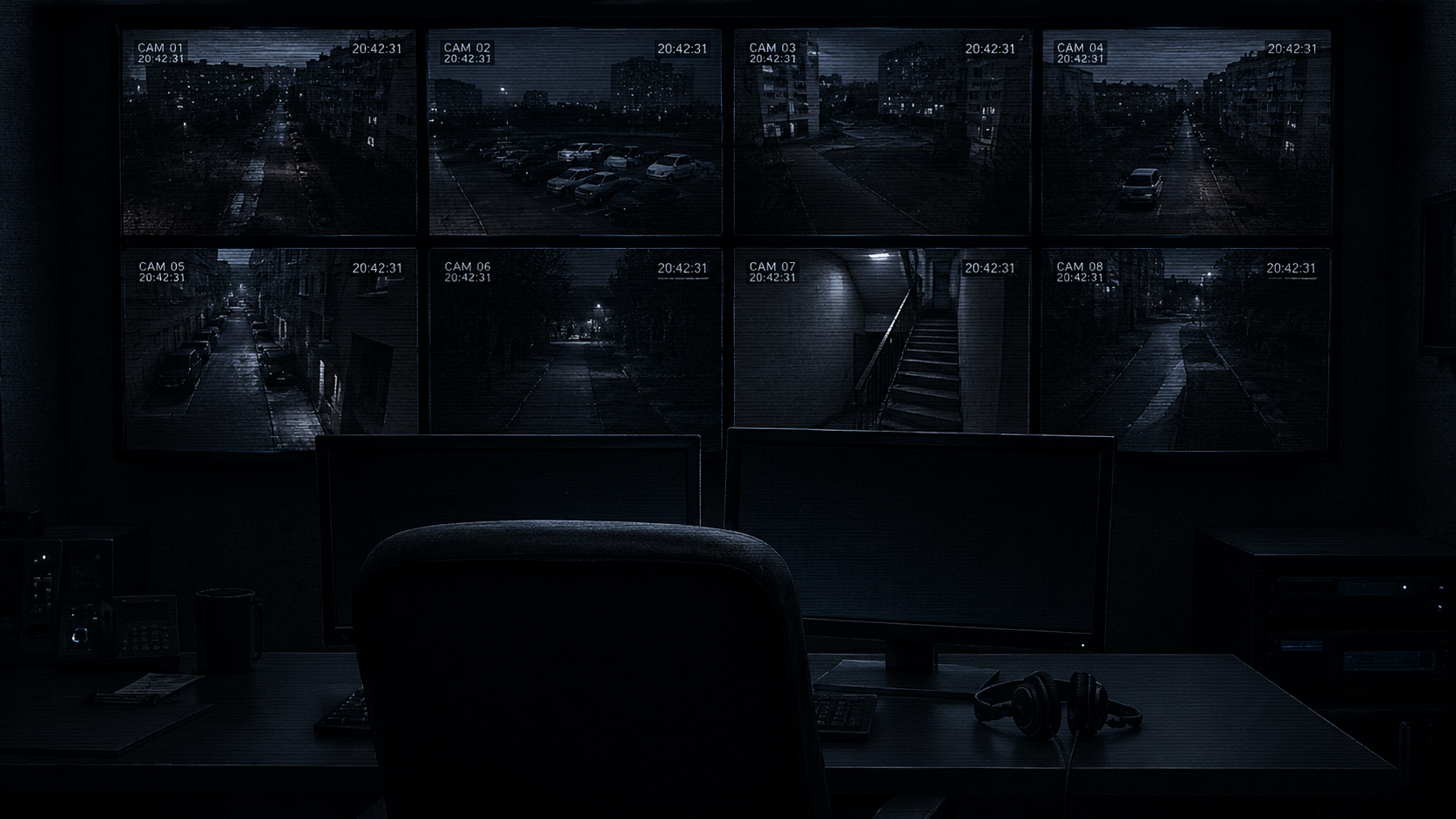 Radno mesto operatera u monitoring centru, video zid sa osam kamera